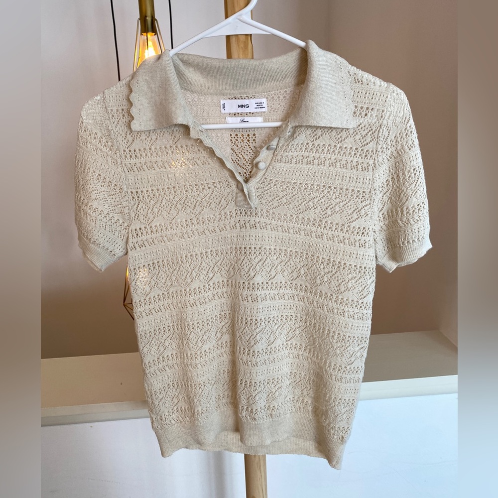 Mango Linen Lace Crochet Polo